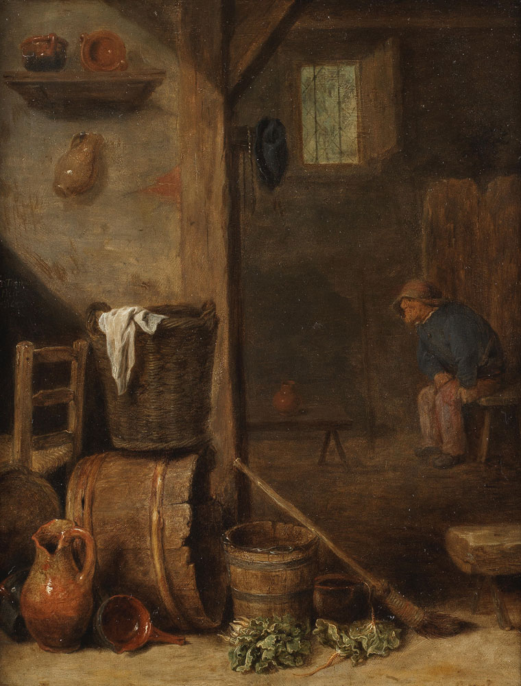 Attributed to Cornelis Saftleven - A kitchen interior with a figure seated in the adjoining room