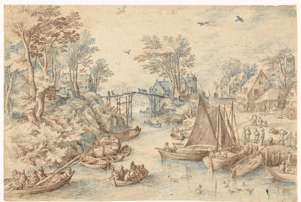Copy after Jan Brueghel the Elder - Village Straddling on a Busy River