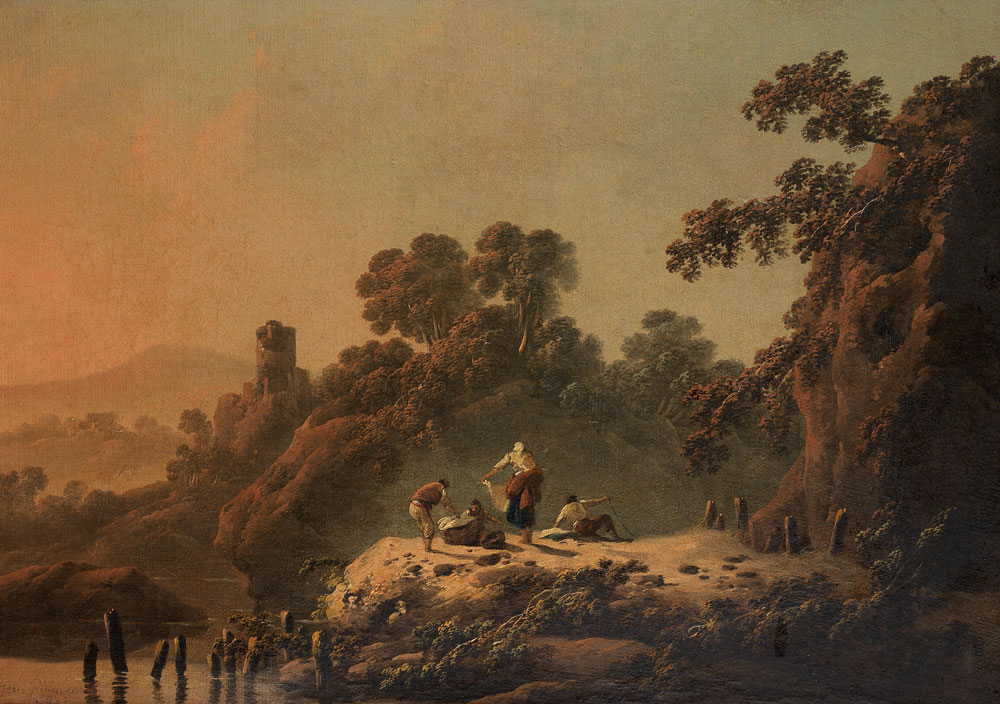 Jean-Baptiste Pillement - Figures in a rocky river landscape