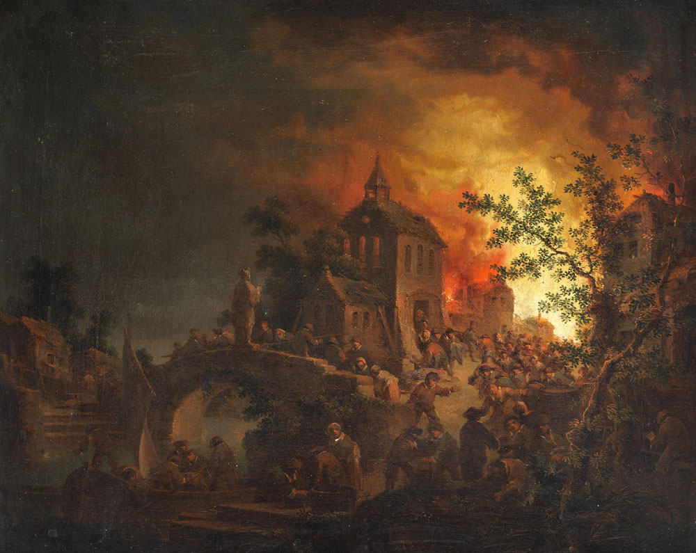 Johann Georg Trautmann - Figures fleeing a burning village