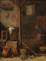 Attributed to Cornelis Saftleven A kitchen interior with a figure seated in the adjoining room
