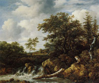 Jacob van Ruisdael Hilly Wooded Landscape with a Waterfall