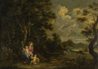 Attributed to Willem van Herp The Virgin, Christ Child and infant Saint John at the edge of a forest