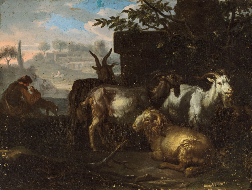 Daniël de Bondt - An Italianate landscape with three goats, a ram, a shepherd and a dog