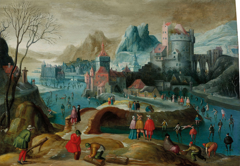 Flemish School - A winter landscape with skaters on the ice