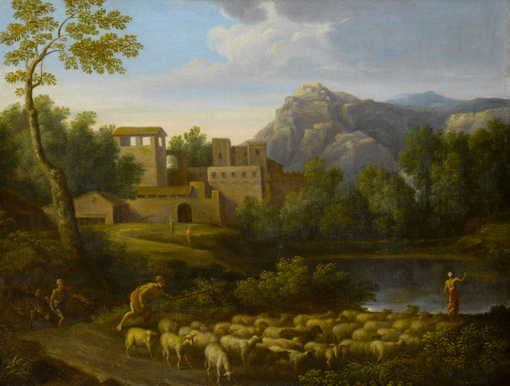 Studio of Gaspard Poussin - Classical figures in an Italianate landscape, driving a flock before a lake