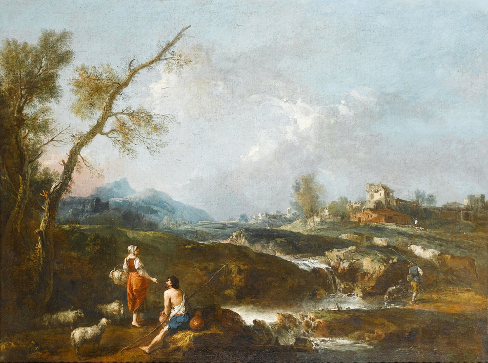 Giuseppe Zais - A river landscape with pastoral figures
