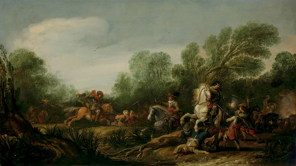 Jan Asselijn - A military skirmish in a wooded landscape