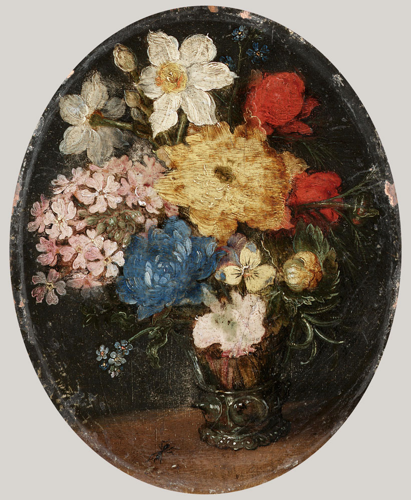 Jan Brueghel the Younger - Narcissi, chrysanthemums, roses, forget-me-knots, a sprig of rosemary and other flowers in a roemer with an ant on a table