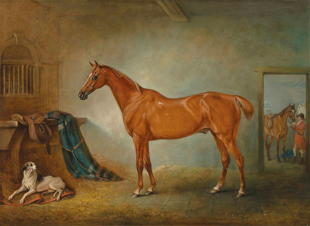 John Ferneley - Lord Henry Bentinck's chestnut hunter Firebird and Policy, a foxhound, in a loose box
