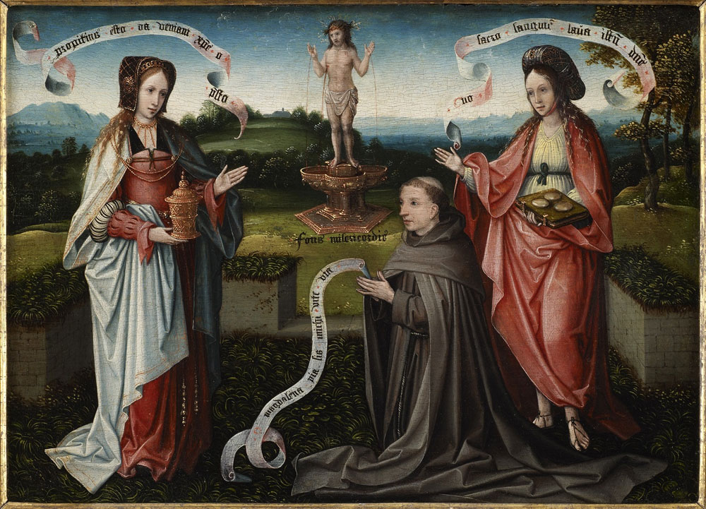 Netherlandish School (probably Brussels) - Saints Mary Magdalene and Mary of Egypt with a kneeling Franciscan Monk before the Fount of Mercy