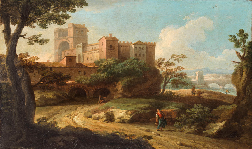 Paolo Anesi - An Italianate landscape with a figure on a path, a walled city beyond