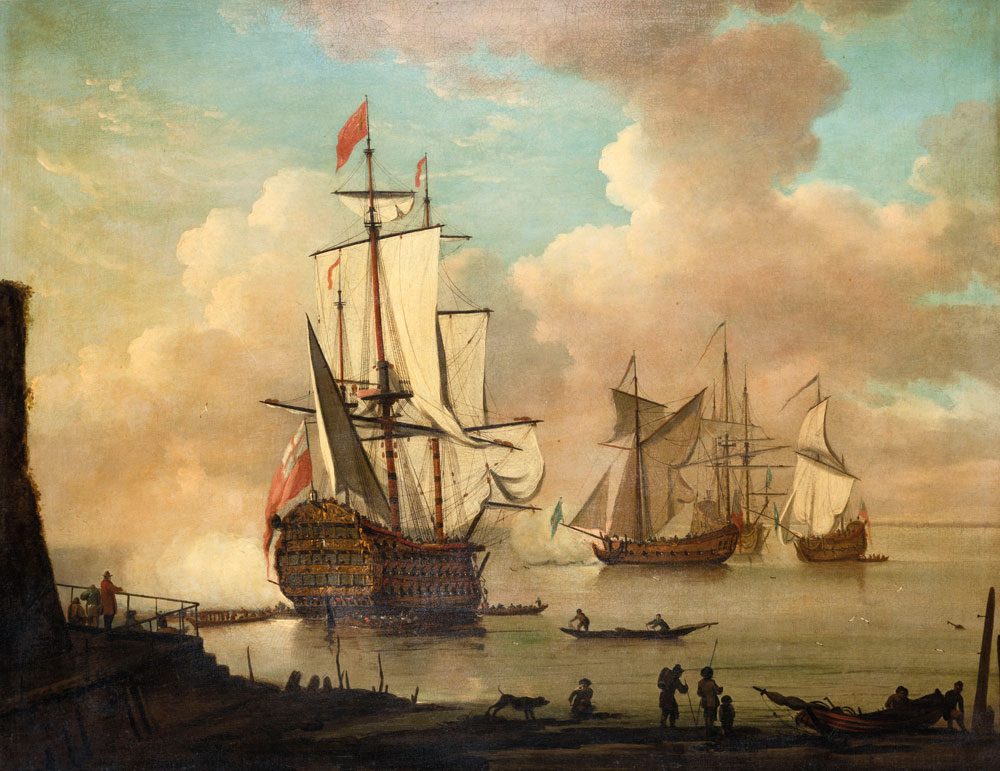 Attributed to Peter Monamy - A flagship announcing her departure from the anchorage  
