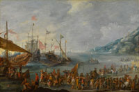 Attributed to Cornelis de Wael A coastal landscape with warships and galleys unloading trade