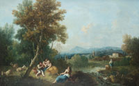 Francesco Zuccarelli An Arcadian landscape with a goatherd serenading shepherdesses beside a waterfall, a village and mountains beyond