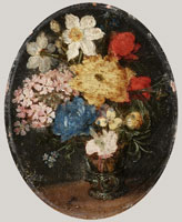 Jan Brueghel the Younger Narcissi, chrysanthemums, roses, forget-me-knots, a sprig of rosemary and other flowers in a roemer with an ant on a table