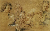 Jean-Antoine Watteau Two Studies of a Flutist and One of the Head of a Boy