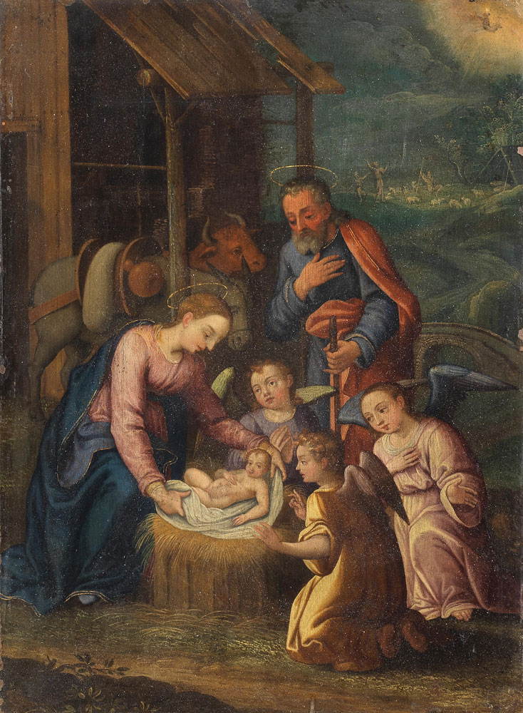 Flemish School - The Nativity, with the Annunciation to the Shepherds in the distance