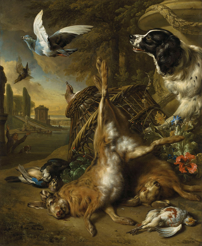 Jan Weenix - Dead hares, jackdaws and a partridge with a spaniel upsetting a basket of pigeons, a lake and formal garden beyond  