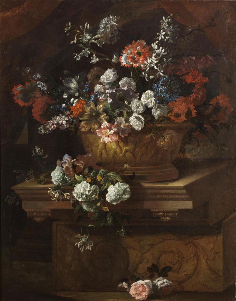 Jean-Baptiste Monnoyer - Roses, carnations, tulips, forget-me-nots and other flowers in an urn, with carnations and other flowers on a classical plinth, before a draped curtain