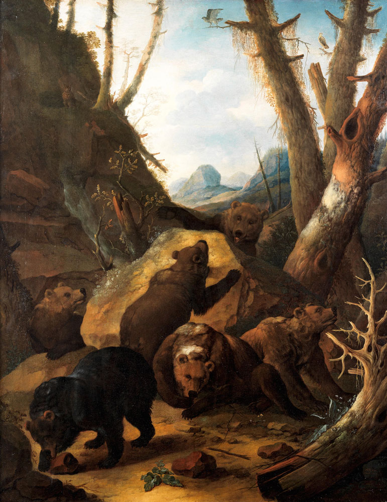 Johann Melchior Roos - Six brown bears playing in a landscape