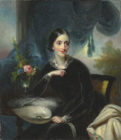 George Chinnery (1774-1852) Portrait of a lady seated small three-quarter length holding a feather fan