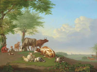 Jan van Gool Drovers with cattle and sheep in a landscape