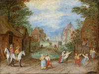 After Jan Brueghel the Elder A village street with peasants dancing and horsemen looking on