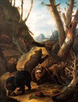 Johann Melchior Roos Six brown bears playing in a landscape