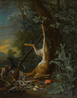 Follower of Peeter Gijsels Hunting still life with dead hare and birds, and a dog keeping watch
