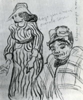 Vincent van Gogh Sketch of a Lady with Striped Dress and Hat