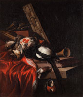 William Gowe Ferguson A Falconry still life with a dead partidge, magpie and song birds on a draped ledge with a basket, horn and a falcon hood