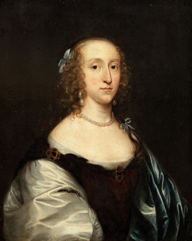 Follower of Anthony van Dyck - Portrait of a lady, half-length, in a brown dress and blue wrap