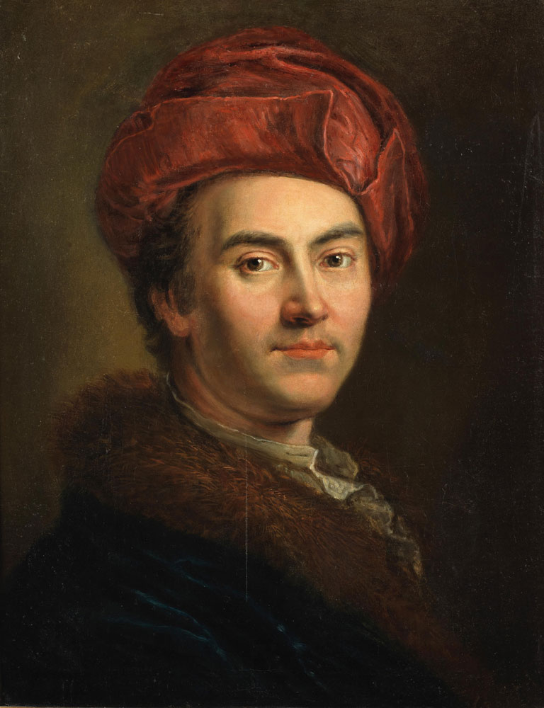 Anton van Maron - Portrait of a man, bust-length, wearing a fur-trimmed coat and red turban