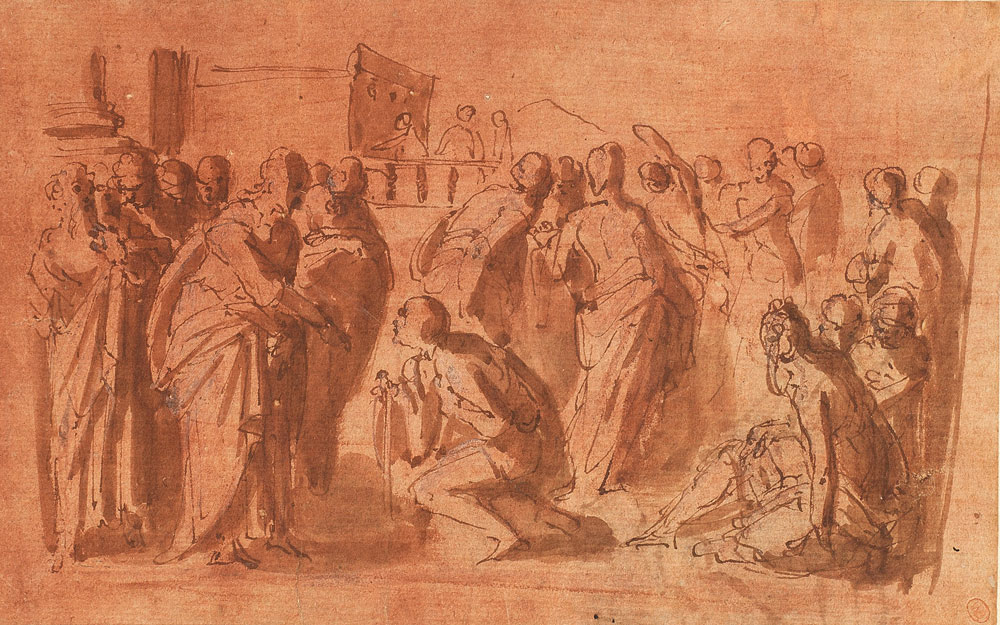 Neapolitan School - A biblical scene with a figure kneeling before Christ