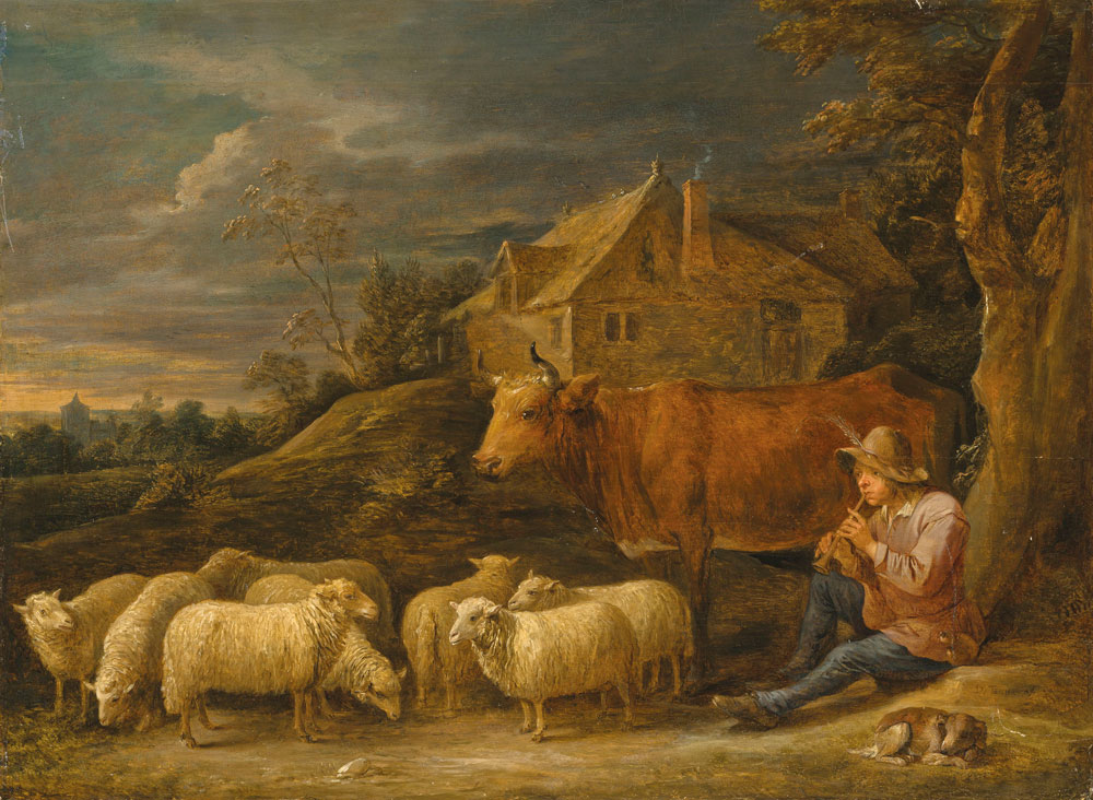 David Teniers the Younger - A shepherd playing the flute to his flock  