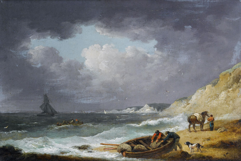 George Morland - A windswept bay on the Isle of White with fishermen disembarking their boat
