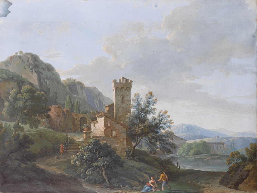 Giovanni Battista Busiri - Figures resting before a walled village, mountains and a lake in the distance