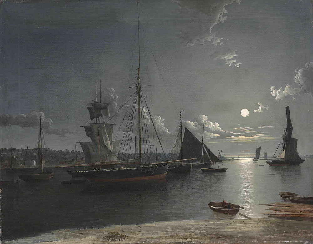 Henry Pether - Shipping in the estuary under moonlight