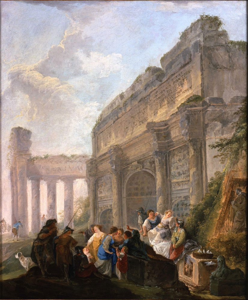 Hubert Robert - Roman capriccio with a dove seller