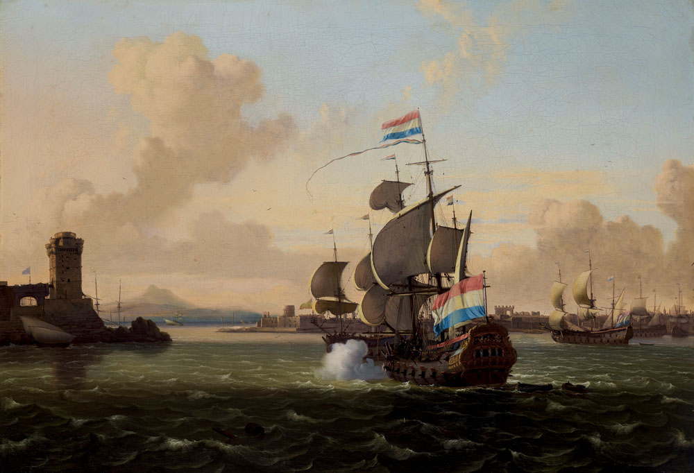 Jan Claesz. Rietschoof - A Dutch man-o'-war firing a salute, leaving the Bay of Naples