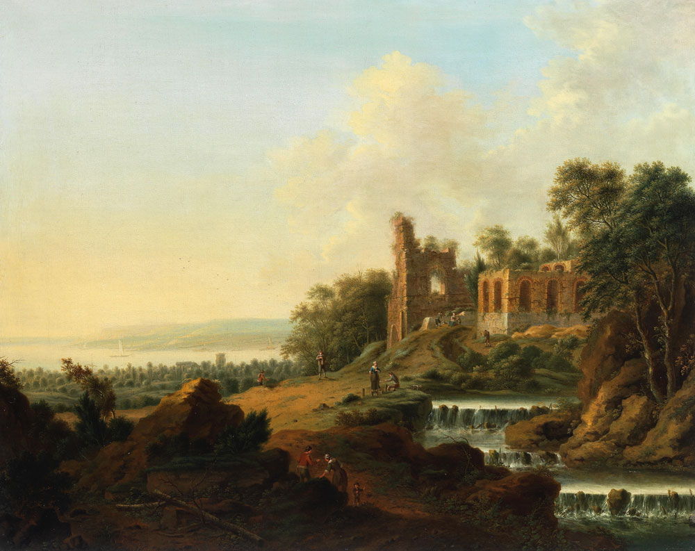 Johann Christian Vollerdt - A river landscape with figures before ruins