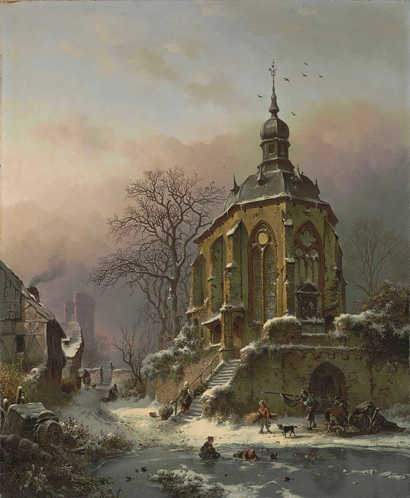 Frederik Marinus Kruseman - Figures at Work in a Winter Landscape, an Approaching Storm Beyond