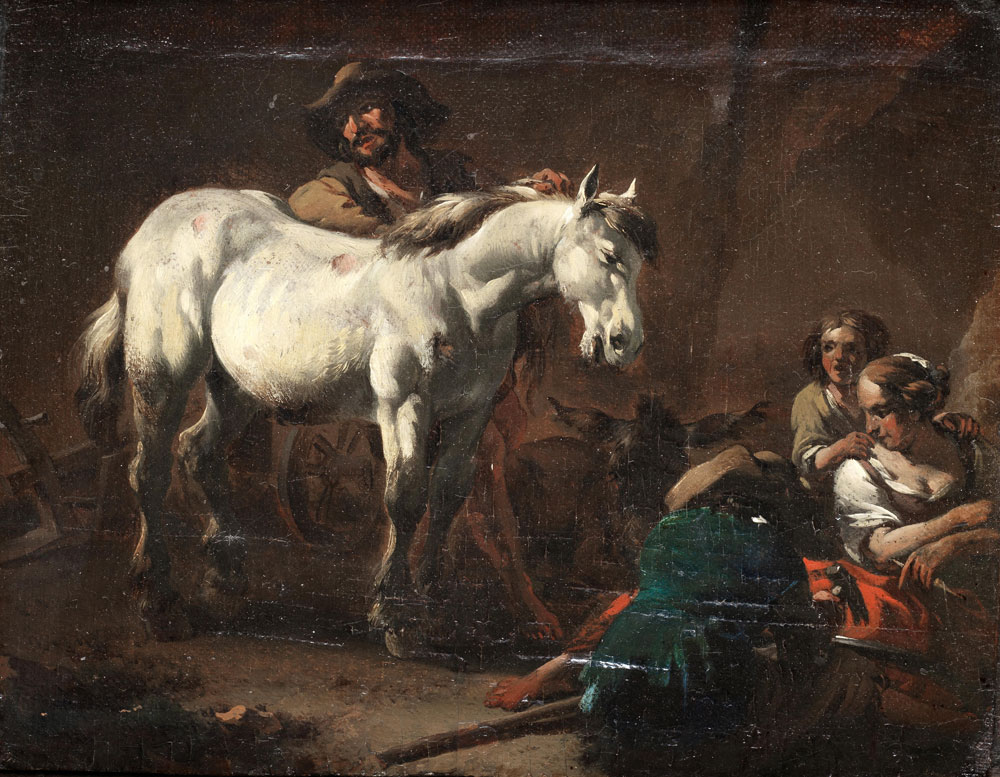Nicolaes Pietersz. Berchem - A man tending to a horse in a forge