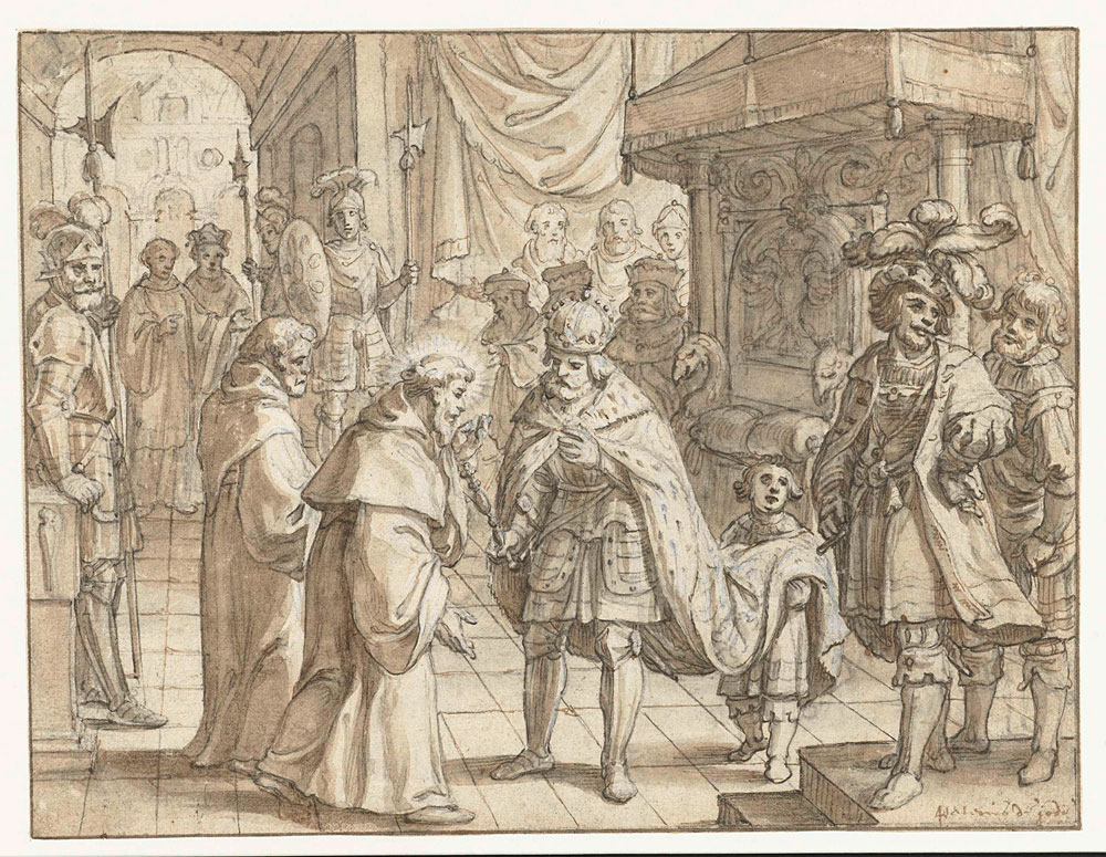 Pieter de Jode - A Saintly Monk and His Companion Received in Audience by a German Emperor