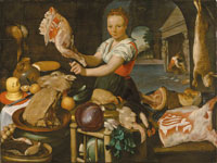 Workshop of Joachim Beuckelaer A kitchen scene with a maid preparing a joint at a table laden with meat, fruit and vegetables, a landscape beyond