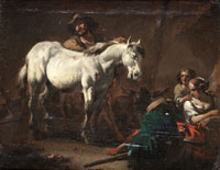 Nicolaes Pietersz. Berchem A man tending to a horse in a forge