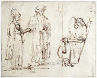 Rembrandt Leban brings Leah to Jacob, with Jacob overlaid by a fragment of another drawing, an angel with a dog llying at his feet