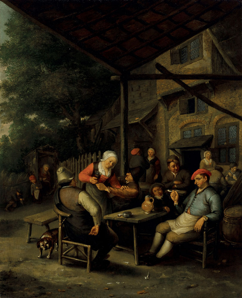 Attributed to Cornelis Dusart - A group of figures drinking and smoking before an inn
