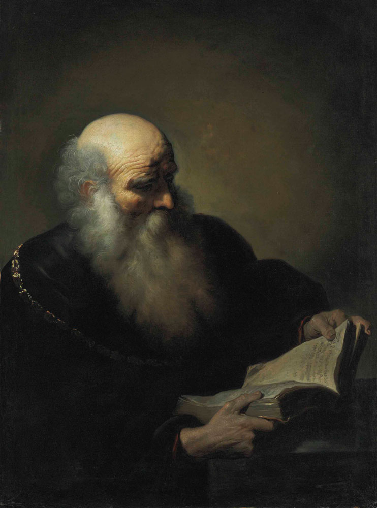 Daniël de Koninck - A bearded old man reading, wearing a brown coat and a golden chain, half-length